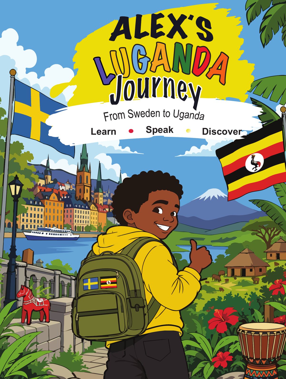 Framsidan: Alex med ryggsäck mellan Stockholm och Uganda